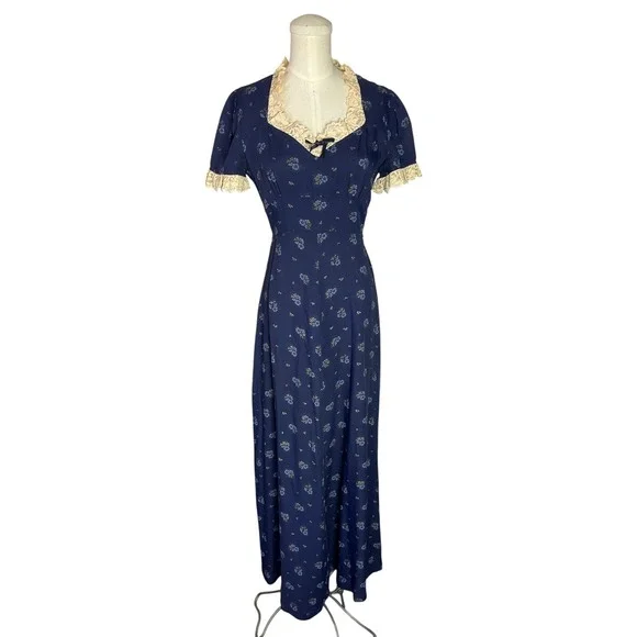 Vintage Navy Blue Floral Maxi Dress Lace Trim Tie Back Cottagecore  Prairiecore